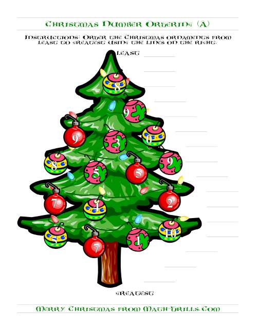 The Ordering Numbers to 10 on a Christmas Tree (Old) Math Worksheet