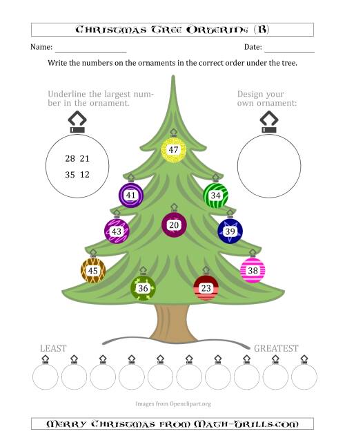 The Ordering/Sorting Numbers 1 to 50 on a Christmas Tree (B) Math Worksheet