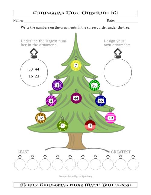 The Ordering/Sorting Numbers 1 to 50 on a Christmas Tree (C) Math Worksheet