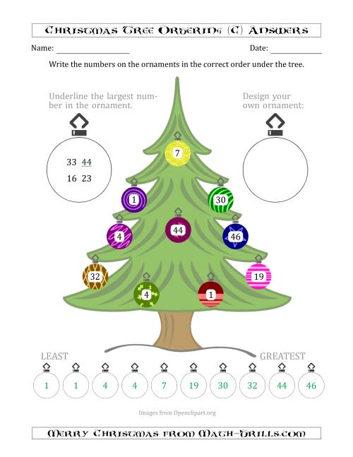 The Ordering/Sorting Numbers 1 to 50 on a Christmas Tree (C) Math Worksheet Page 2