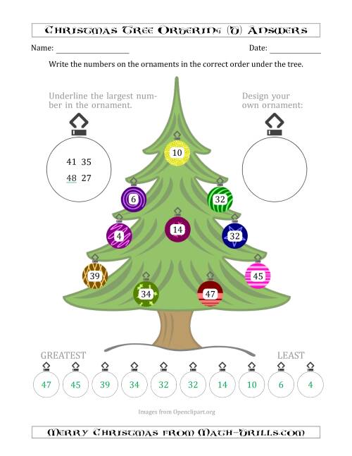 The Ordering/Sorting Numbers 1 to 50 on a Christmas Tree (D) Math Worksheet Page 2