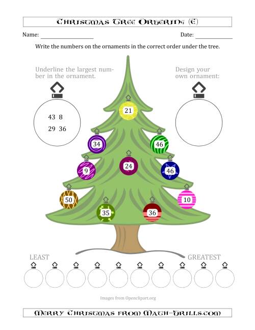 The Ordering/Sorting Numbers 1 to 50 on a Christmas Tree (E) Math Worksheet