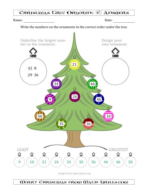 The Ordering/Sorting Numbers 1 to 50 on a Christmas Tree (E) Math Worksheet Page 2