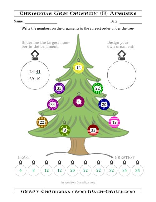 The Ordering/Sorting Numbers 1 to 50 on a Christmas Tree (H) Math Worksheet Page 2