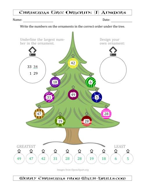 The Ordering/Sorting Numbers 1 to 50 on a Christmas Tree (I) Math Worksheet Page 2