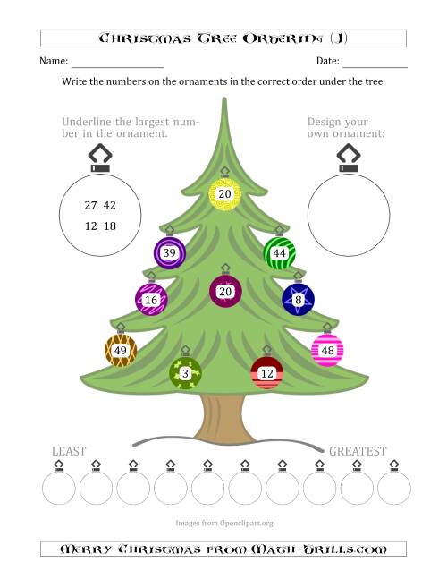 The Ordering/Sorting Numbers 1 to 50 on a Christmas Tree (J) Math Worksheet