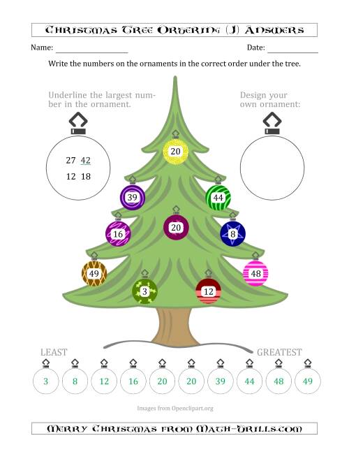 The Ordering/Sorting Numbers 1 to 50 on a Christmas Tree (J) Math Worksheet Page 2