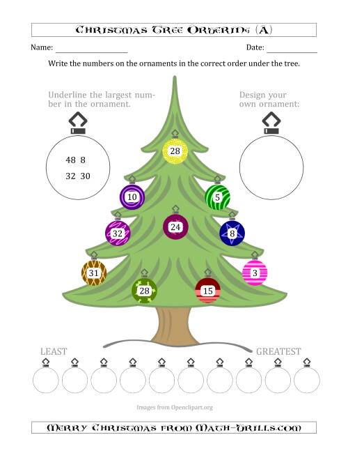 The Ordering/Sorting Numbers 1 to 50 on a Christmas Tree (All) Math Worksheet