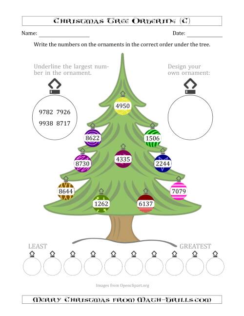 The Ordering/Sorting Numbers 1000 to 9999 on a Christmas Tree (C) Math Worksheet
