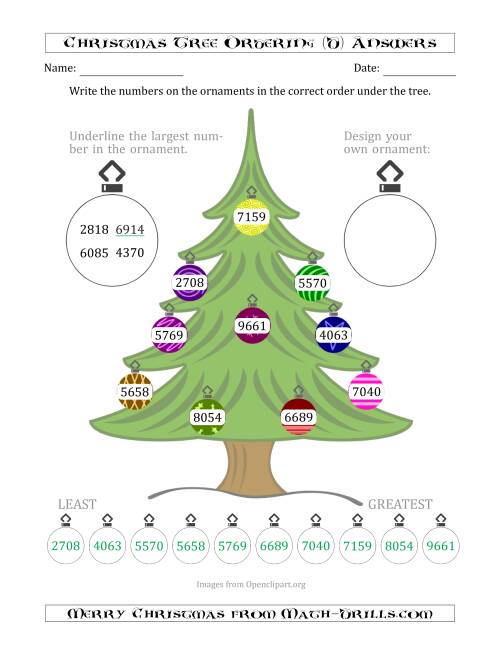 The Ordering/Sorting Numbers 1000 to 9999 on a Christmas Tree (D) Math Worksheet Page 2