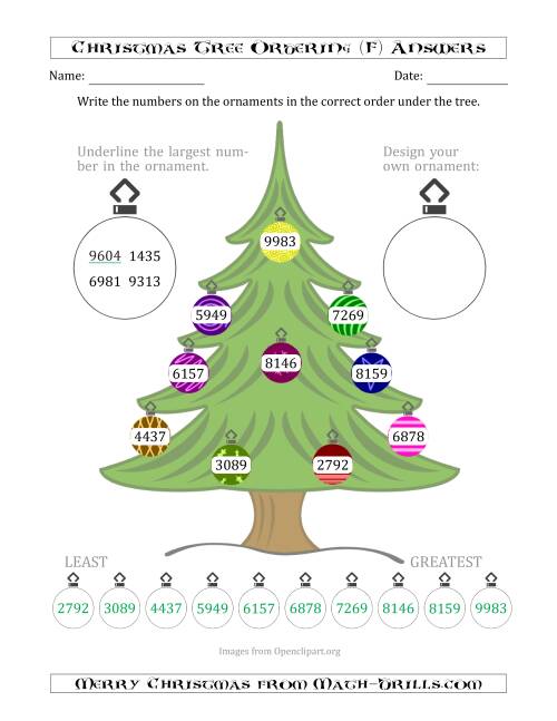 The Ordering/Sorting Numbers 1000 to 9999 on a Christmas Tree (F) Math Worksheet Page 2
