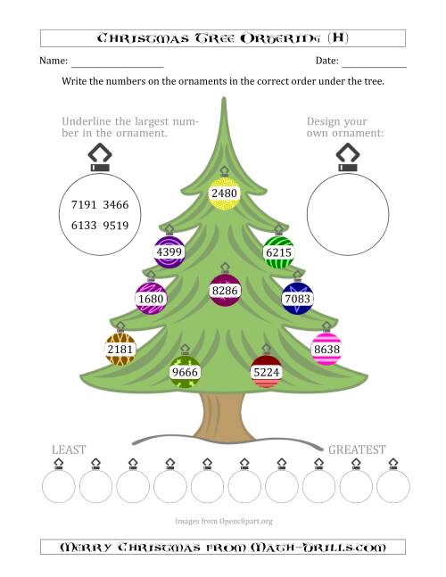 The Ordering/Sorting Numbers 1000 to 9999 on a Christmas Tree (H) Math Worksheet