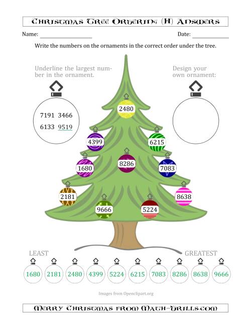 The Ordering/Sorting Numbers 1000 to 9999 on a Christmas Tree (H) Math Worksheet Page 2