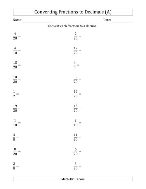 The Converting Fractions to Terminating Decimals (A) Math Worksheet