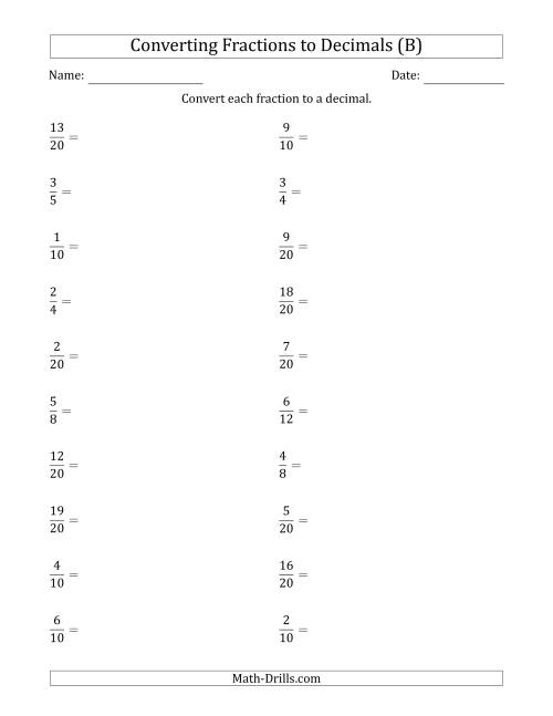 The Converting Fractions to Terminating Decimals (B) Math Worksheet