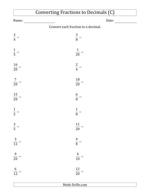The Converting Fractions to Terminating Decimals (C) Math Worksheet