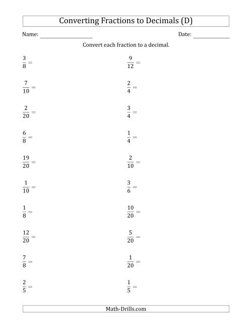 The Converting Fractions to Terminating Decimals (D) Math Worksheet