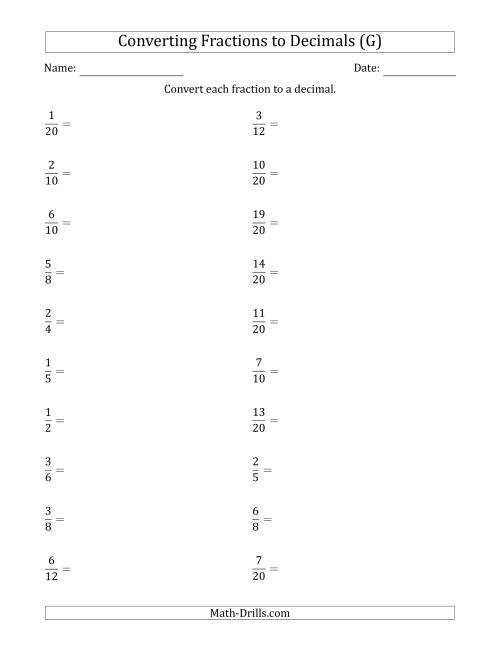 The Converting Fractions to Terminating Decimals (G) Math Worksheet