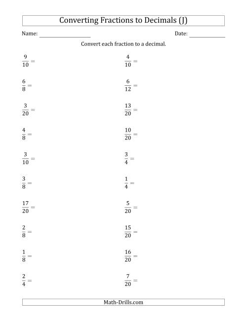 The Converting Fractions to Terminating Decimals (J) Math Worksheet