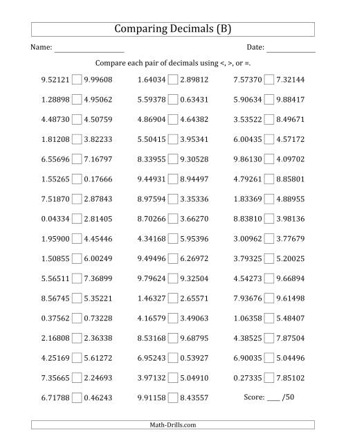 The Comparing Decimals Up to Hundred Thousandths (Both Numbers Random) (B) Math Worksheet