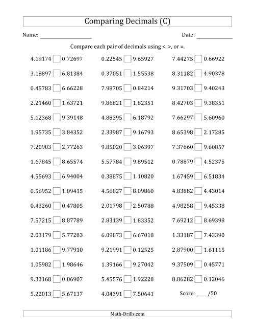 The Comparing Decimals Up to Hundred Thousandths (Both Numbers Random) (C) Math Worksheet