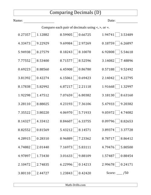 The Comparing Decimals Up to Hundred Thousandths (Both Numbers Random) (D) Math Worksheet