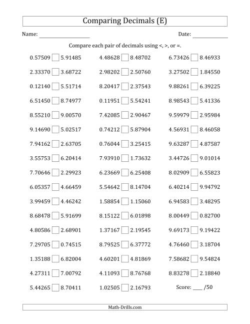 The Comparing Decimals Up to Hundred Thousandths (Both Numbers Random) (E) Math Worksheet