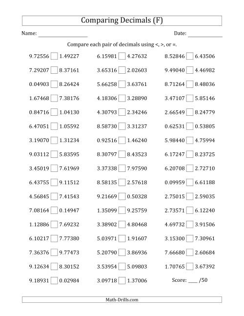 The Comparing Decimals Up to Hundred Thousandths (Both Numbers Random) (F) Math Worksheet