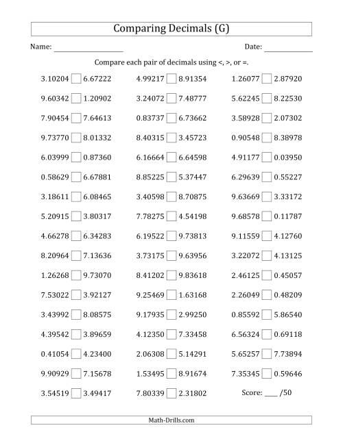 The Comparing Decimals Up to Hundred Thousandths (Both Numbers Random) (G) Math Worksheet