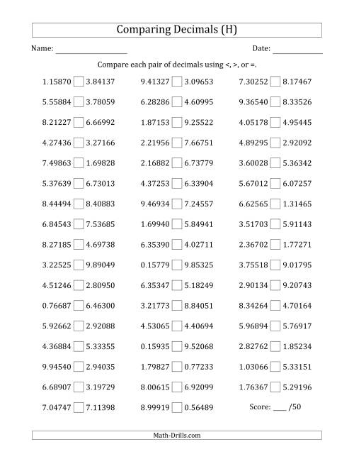 The Comparing Decimals Up to Hundred Thousandths (Both Numbers Random) (H) Math Worksheet