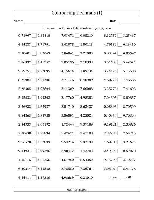 The Comparing Decimals Up to Hundred Thousandths (Both Numbers Random) (I) Math Worksheet