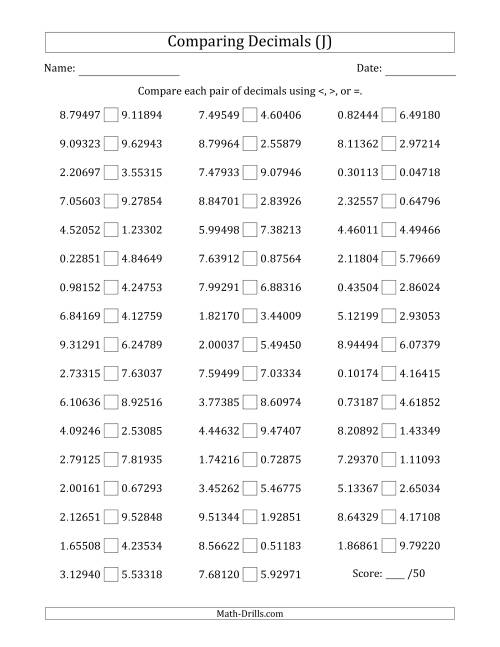 The Comparing Decimals Up to Hundred Thousandths (Both Numbers Random) (J) Math Worksheet
