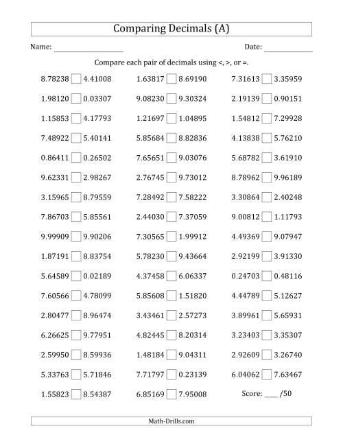 The Comparing Decimals Up to Hundred Thousandths (Both Numbers Random) (All) Math Worksheet