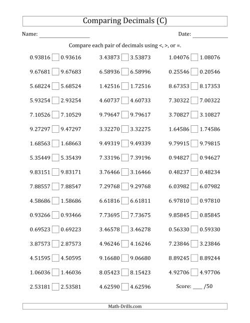 The Comparing Decimals Up to Hundred Thousandths (One Digit Differs) (C) Math Worksheet