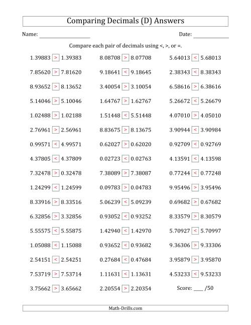 The Comparing Decimals Up to Hundred Thousandths (One Digit Differs) (D) Math Worksheet Page 2