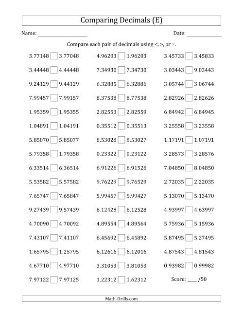 The Comparing Decimals Up to Hundred Thousandths (One Digit Differs) (E) Math Worksheet