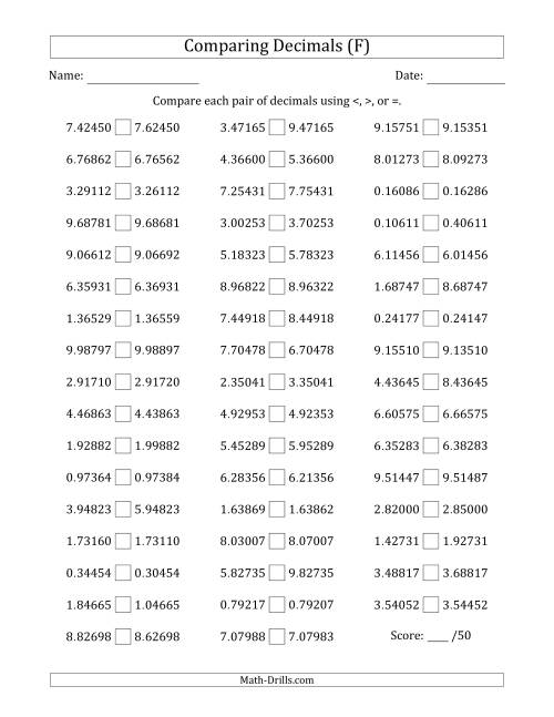 The Comparing Decimals Up to Hundred Thousandths (One Digit Differs) (F) Math Worksheet