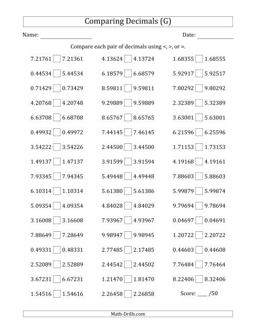 The Comparing Decimals Up to Hundred Thousandths (One Digit Differs) (G) Math Worksheet