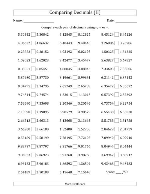The Comparing Decimals Up to Hundred Thousandths (One Digit Differs) (H) Math Worksheet