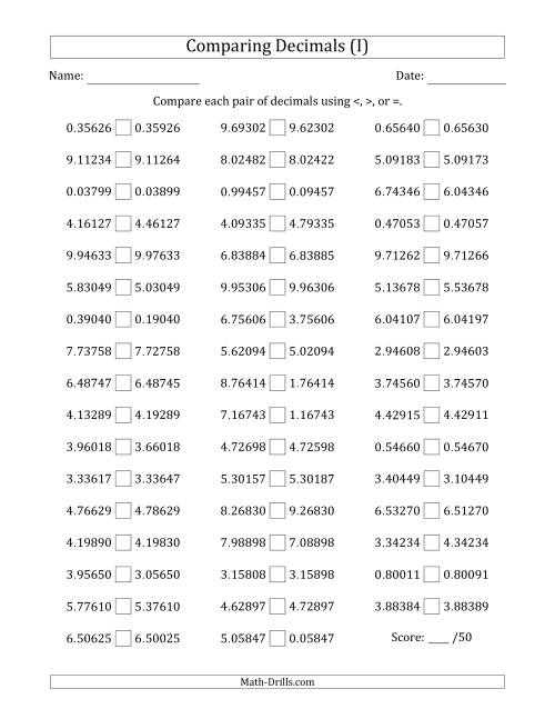 The Comparing Decimals Up to Hundred Thousandths (One Digit Differs) (I) Math Worksheet