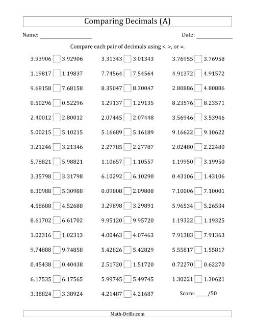 The Comparing Decimals Up to Hundred Thousandths (One Digit Differs) (All) Math Worksheet