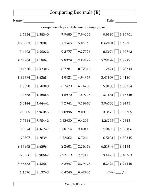 The Comparing Decimals Up to Hundred Thousandths (One Number Has an Extra Digit) (B) Math Worksheet