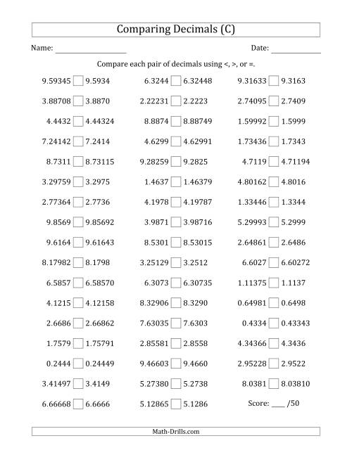 The Comparing Decimals Up to Hundred Thousandths (One Number Has an Extra Digit) (C) Math Worksheet