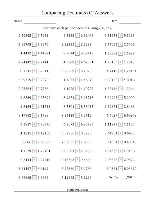 The Comparing Decimals Up to Hundred Thousandths (One Number Has an Extra Digit) (C) Math Worksheet Page 2