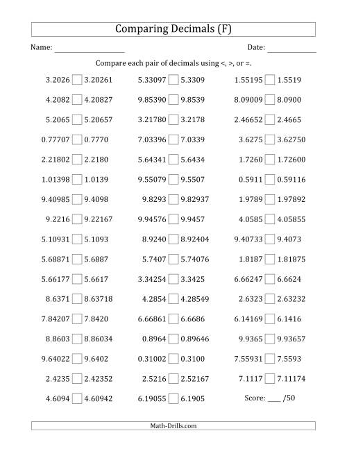 The Comparing Decimals Up to Hundred Thousandths (One Number Has an Extra Digit) (F) Math Worksheet