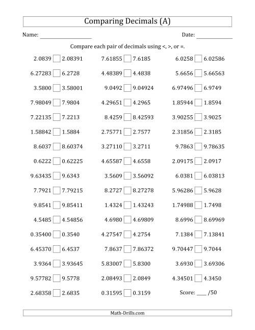 The Comparing Decimals Up to Hundred Thousandths (One Number Has an Extra Digit) (All) Math Worksheet