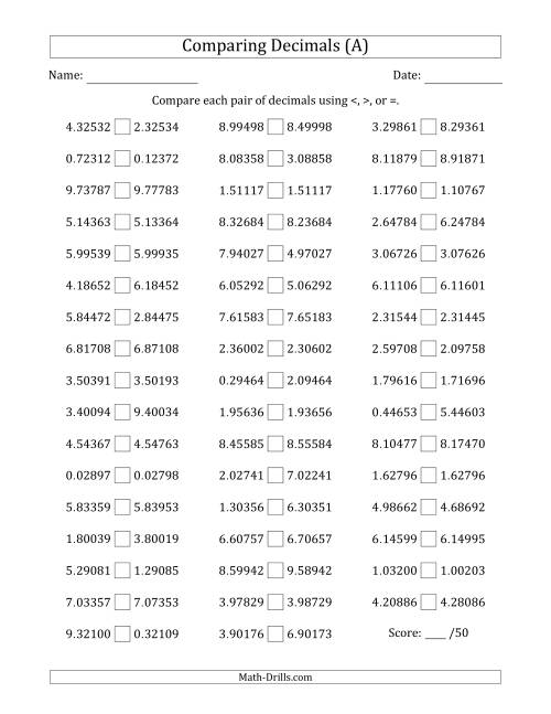 The Comparing Decimals Up to Hundred Thousandths (Two Digits Swapped) (A) Math Worksheet