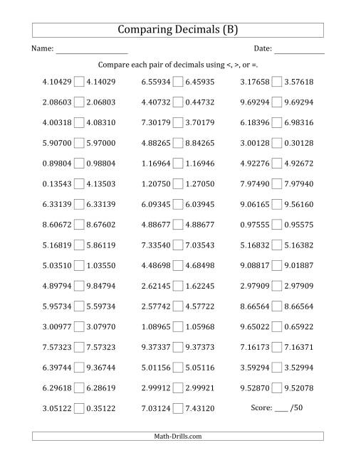 The Comparing Decimals Up to Hundred Thousandths (Two Digits Swapped) (B) Math Worksheet