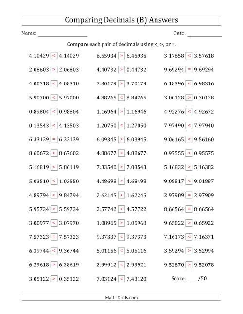 The Comparing Decimals Up to Hundred Thousandths (Two Digits Swapped) (B) Math Worksheet Page 2