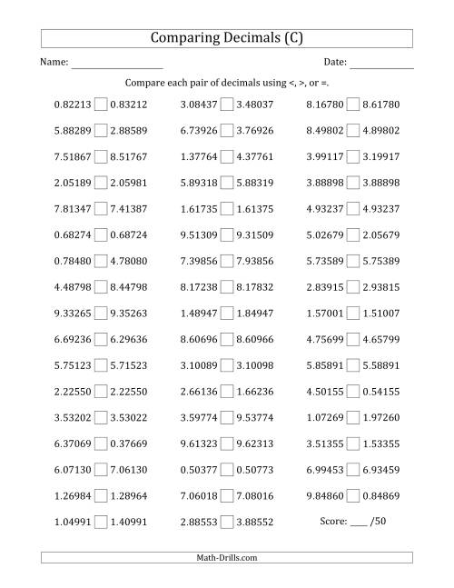 The Comparing Decimals Up to Hundred Thousandths (Two Digits Swapped) (C) Math Worksheet
